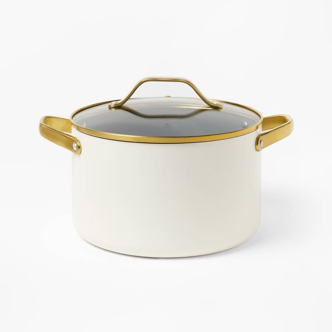 6qt Nonstick Ceramic Stock Pot with Glass Lid, Large Induction Compatible Soup Pot, Oven Safe & Dishwasher Safe, 9.6-Inch Aluminum Dutch Oven with Champagne Gold Handles, Cream
